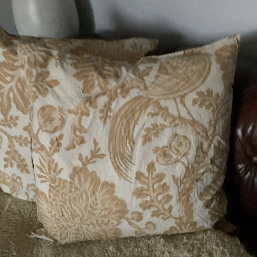 Pottery Barn euro pillow accent home decor linen blend tan beige floral set of 2